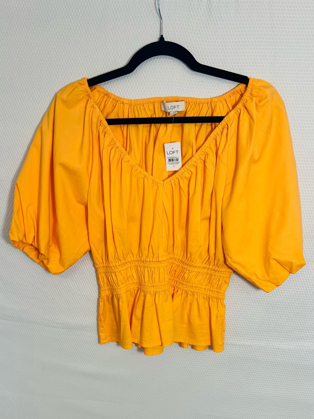 LOFT Bright Orange Puff Sleeve Smocked Peplum Blouse